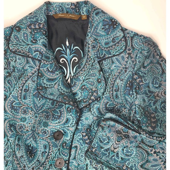 Hannah & Gracie Teal Paisley Textured Blazer Jacket Womens 0P Petite Cropped EUC - Picture 5 of 5